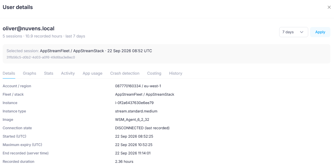 WorkSpaces Applications user session detail and recorded instance context